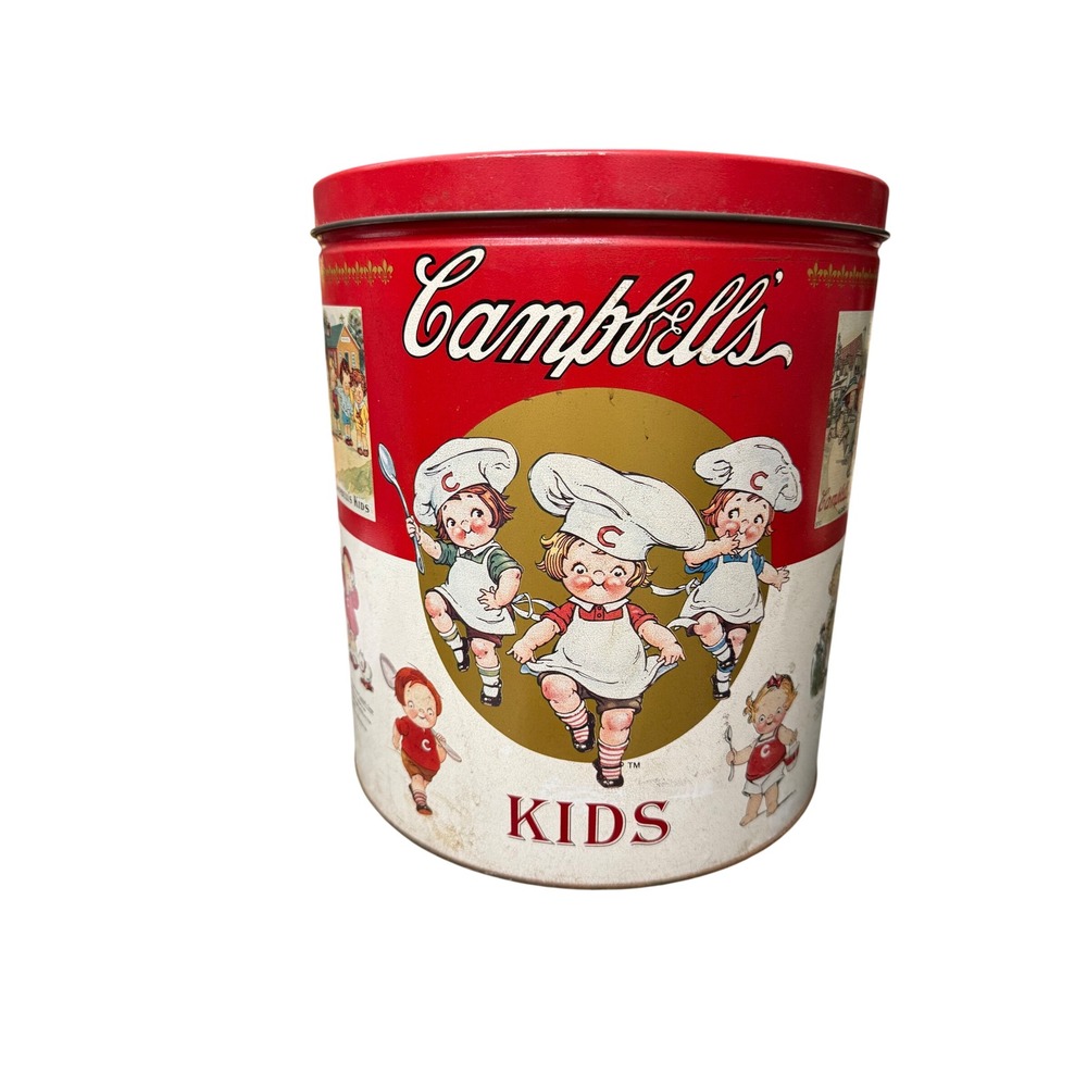 Vintage Campbell's Kids Popcorn Tin Party Pac Metal Storage Container Red White